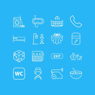 Vektör çizim 16 simgeler çizgi stili seyahat. Çift Kişilik Oda, tek kişilik yatak, deniz kabuğu ve diğer simge öğeleri düzenlenebilir kümesi.