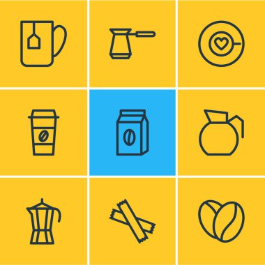 9 java simgeler çizgi stili vektör Illustration. Makinesi, paketi, çay poşeti ve diğer simge öğeleri düzenlenebilir kümesi.