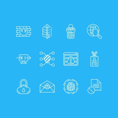 12 güvenlik simgeleri çizgi stili vektör Illustration. Cloud veri koruma, güvenlik duvarı, erişim engellendi ve diğer simge öğeleri düzenlenebilir kümesi.