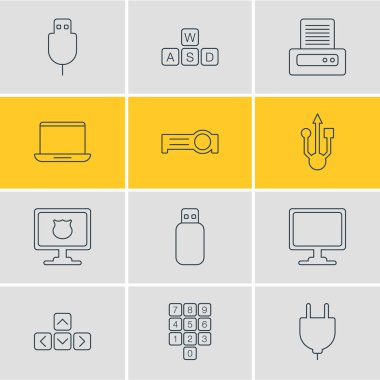 12 defter simgeler çizgi stili vektör Illustration. Evrensel seri veri yolu, ışıldak, usb kablosu ve diğer simge öğeleri düzenlenebilir kümesi.