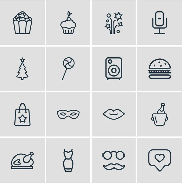 Vektoros illusztráció 16 ünnepe ikonok vonalstílust. Szerkeszthető ajándékcsomagot, burger, karácsonyfa és egyéb ikon készlet. — Stock Vector