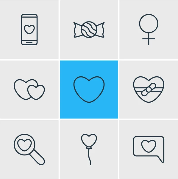 Ilustración vectorial de 9 iconos de la pasión estilo de línea. Conjunto editable de dulces, globos, elementos del icono de chat . — Vector de stock