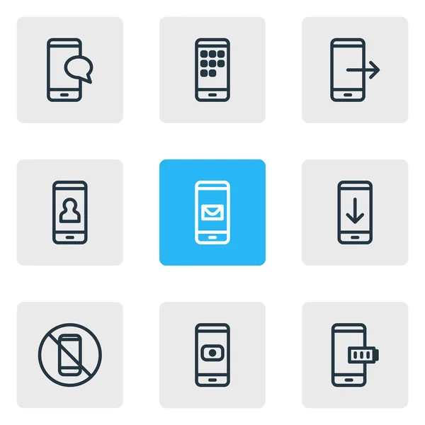 Vector illustration of 9 telephone icons line style. Editable set of apps, battery, user and other icon elements. — Stock Vector