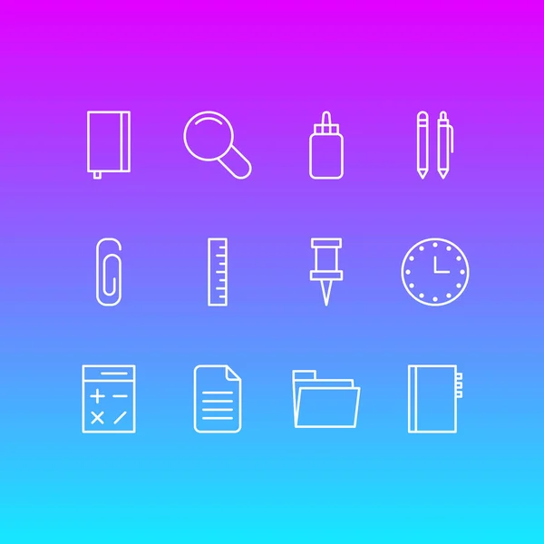 Vectorillustratie van 12 instrumenten pictogrammen lijnstijl. Speld, clip, liniaal en andere elementen van het pictogram bewerkbaar set. — Stockvector