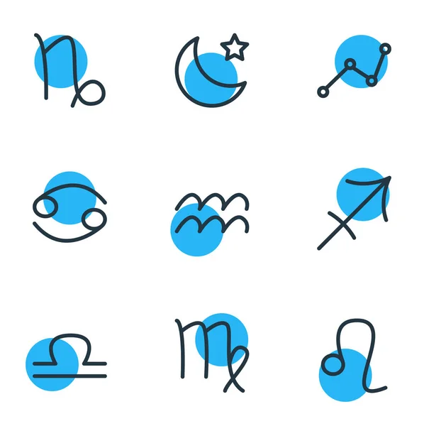 Vectorillustratie van 9 astrologie pictogrammen lijnstijl. Maagd, aquarius, sterrenbeeld en andere elementen van het pictogram bewerkbaar set. — Stockvector