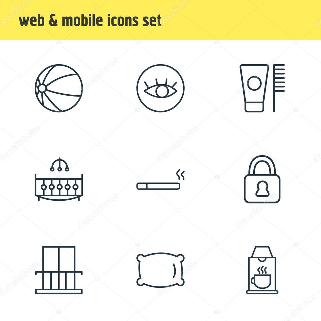 Vector illustration of 9 travel icons line style. Editable set of view point, toothbrush, smoking and other icon elements.