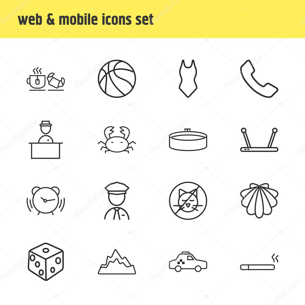 Vector illustration of 16 vacation icons line style. Editable set of security guard, seashell, hotel worker and other icon elements.