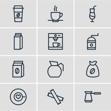12 içki simgeler çizgi stili vektör Illustration. Cezve, şeker, çuval ve diğer simge öğeleri düzenlenebilir kümesi.