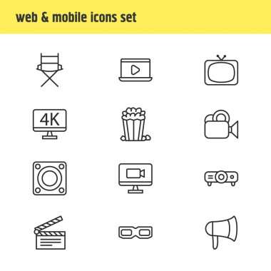 12 film simgeler çizgi stili vektör Illustration. Megafon, televizyon, 4k düzenlenebilir dizi tv ve diğer simge öğeleri.