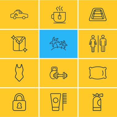12 Turizm simgeler çizgi stili vektör Illustration. Taksi, çay bardağı, banyo ve diğer simge öğeleri düzenlenebilir kümesi.