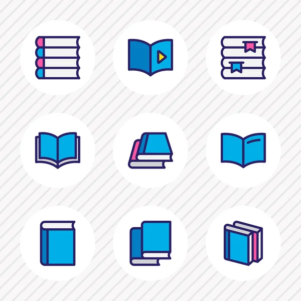 Ilustración vectorial de 9 iconos de lectura de libros de línea de color. Conjunto editable de publicaciones, libros escolares, audiolibros y otros elementos de iconos . — Vector de stock