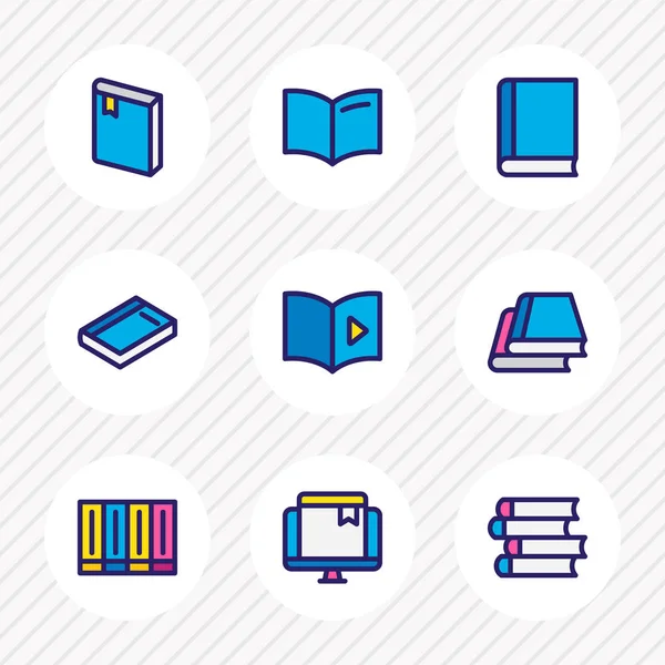 Ilustración vectorial de 9 iconos de lectura de libros de línea de color. Conjunto editable de publicación, diccionario, biblioteca y otros elementos del icono . — Vector de stock