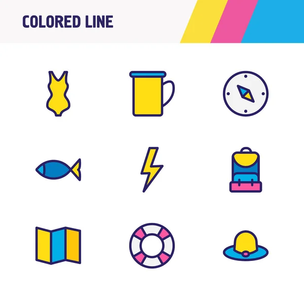 Ilustración vectorial de 9 iconos de camping línea de color. Conjunto editable de boya salvavidas, sombrero, mochila y otros elementos del icono . — Vector de stock