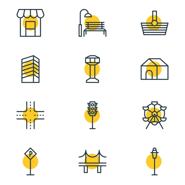 Vektoros illusztráció 12 infrastruktúra ikonok vonalstílust. Szerkeszthető csoportja, jelzőlámpa, parkoló, ház és egyéb ikon. — Stock Vector
