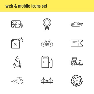 12 ulaşım simgeler çizgi stili vektör Illustration. Traktör, lastikler, kamp aracına ve diğer simge öğeleri düzenlenebilir kümesi.