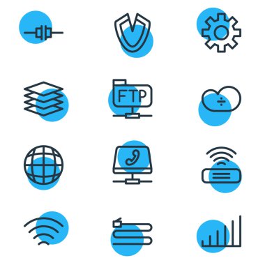 12 ağ kutsal kişilerin resmi çizgi stili vektör Illustration. Virüs, VoIP, yığını ve diğer simge öğeleri düzenlenebilir kümesi.