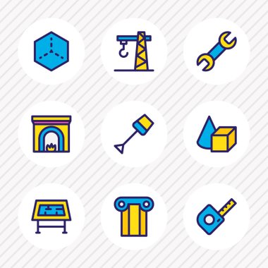 9 inşaat simgeler renkli çizgi vektör Illustration. Düzenlenebilir dizi spade, rakamlar, ev 3d ve başka simge öğeleri.