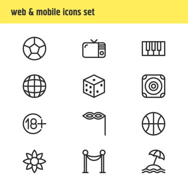 12 sevinç simgeler çizgi stili vektör Illustration. Çiçek, plaj, zar ve diğer simge öğeleri düzenlenebilir kümesi.