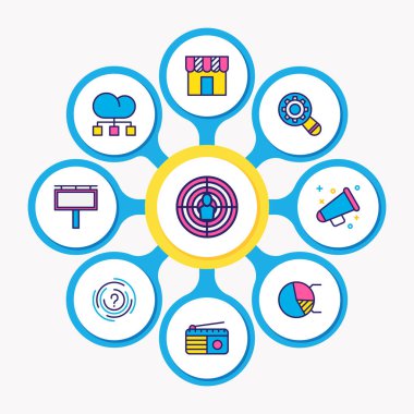 Vektör çizim simgeler renkli çizgi reklam 9. Hedef kitle, reklam, araştırma ve diğer simge öğeleri düzenlenebilir kümesi.