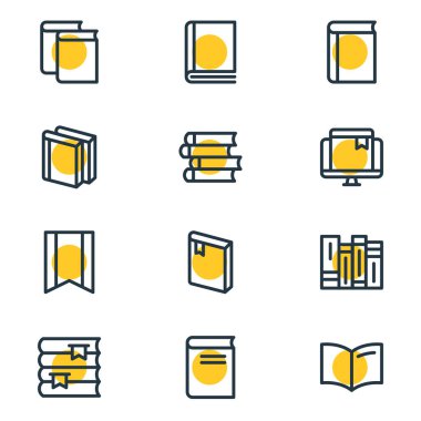 12 Eğitim simgeler çizgi stili vektör Illustration. Online yer işareti, edebiyat, dergi ve diğer simge öğeleri düzenlenebilir kümesi.