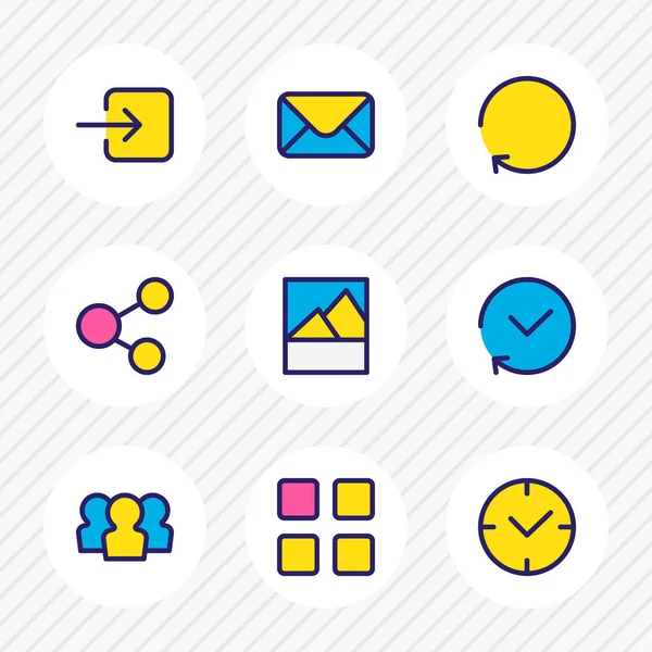 Ilustración vectorial de 9 iconos de aplicación de línea de color. Conjunto editable de elementos sociales, de inicio de sesión, miniaturas y otros iconos . — Archivo Imágenes Vectoriales