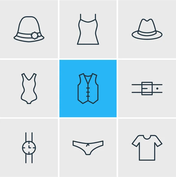 Ilustración vectorial de 9 iconos de ropa estilo línea. Conjunto editable de cinturón, ropa interior, camiseta y otros elementos del icono . — Archivo Imágenes Vectoriales