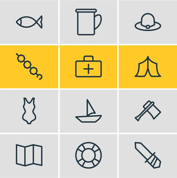 Vektoros illusztráció 12 camping ikonok vonalstílust. Szerkeszthető csoportja, bikini, fehérmályva, gyógyszert és egyéb ikon. — Stock Vector