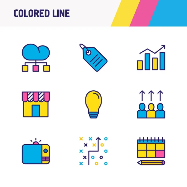 Ilustración vectorial de 9 iconos de marketing de línea de colores. Conjunto editable de tv, promoción, planificación y otros elementos del icono . — Vector de stock