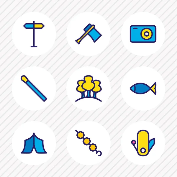 Vector illustration of 9 camp icons colored line. Editable set of camera, fish, signpost and other icon elements. — Stock Vector