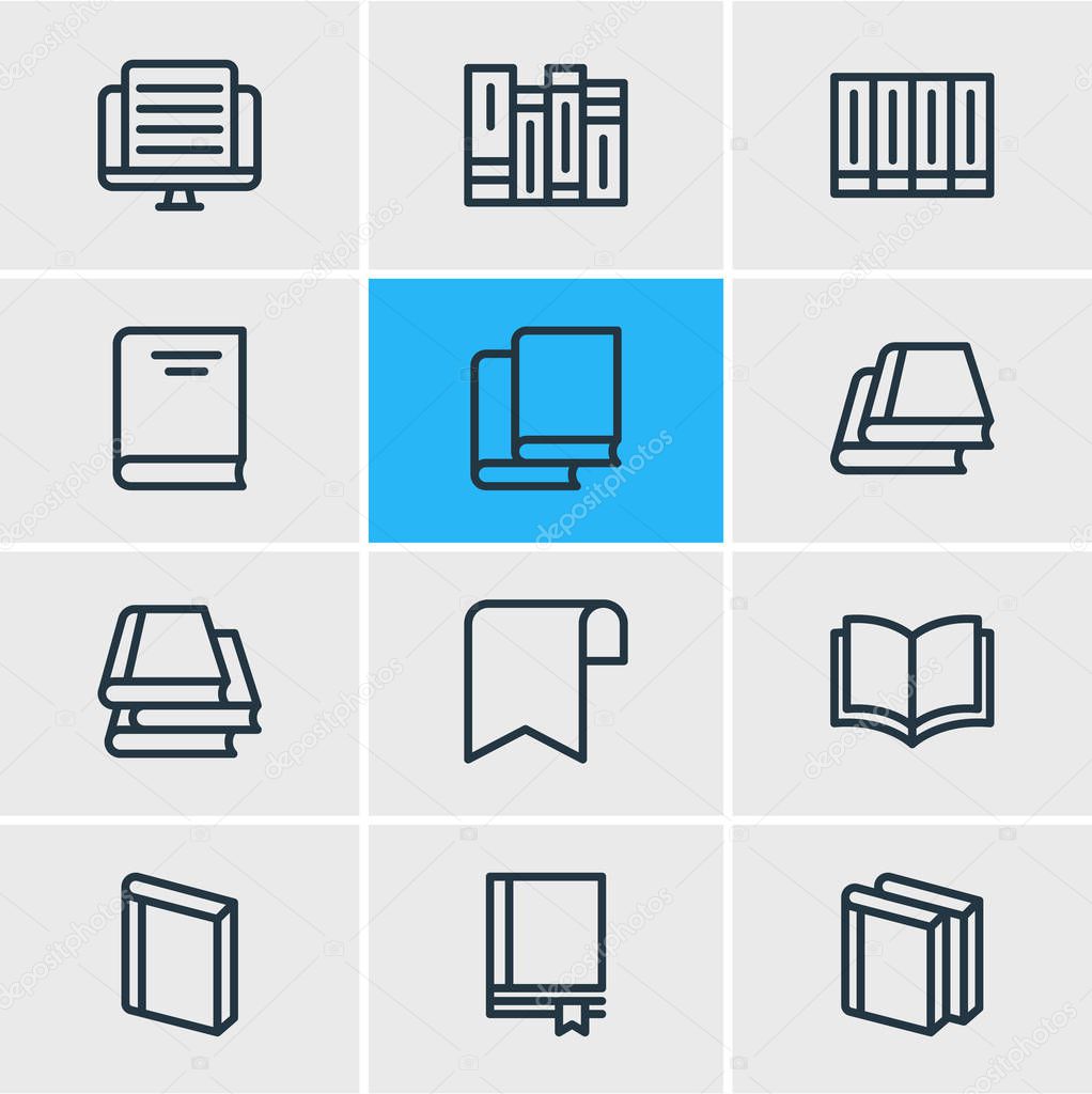 Vector illustration of 12 book reading icons line style. Editable set of notebook, publication, library and other icon elements.