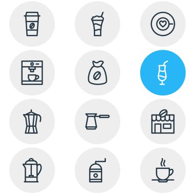 12 java simgeler çizgi stili vektör Illustration. Latte, çuval, mocha değirmeni ve diğer simge öğeleri düzenlenebilir kümesi.