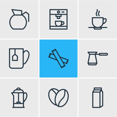9 içki simgeler çizgi stili vektör Illustration. Şeker, pocket süt, daire ve diğer simge öğeleri düzenlenebilir kümesi.