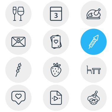 12 kutlama simgeler çizgi stili vektör Illustration. Havai fişek, bardağı, aşk mektubu ve diğer simge öğeleri düzenlenebilir kümesi.