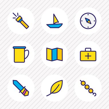 9 Turizm simgeler renkli çizgi vektör Illustration. Flash, harita, tekne ve diğer simge öğeleri düzenlenebilir kümesi.