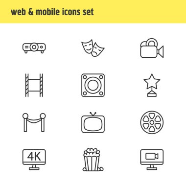 12 film simgeler çizgi stili vektör Illustration. Megafon, Ödülü, televizyon ve diğer simge öğeleri düzenlenebilir kümesi.