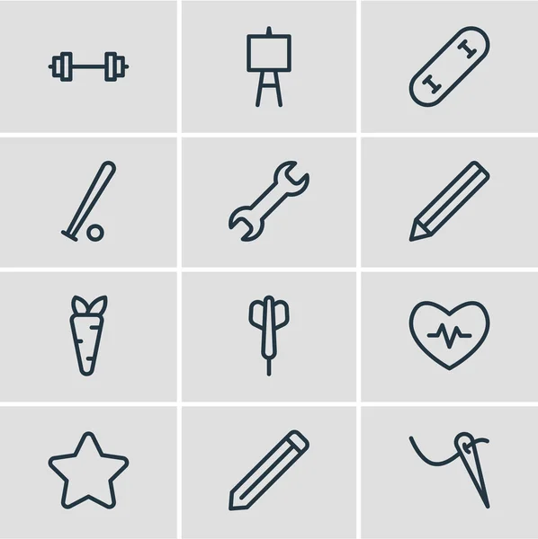 Ilustración vectorial de 12 iconos de estilo de vida estilo de línea. Conjunto editable de patinaje, barra, latidos del corazón y otros elementos del icono . — Vector de stock