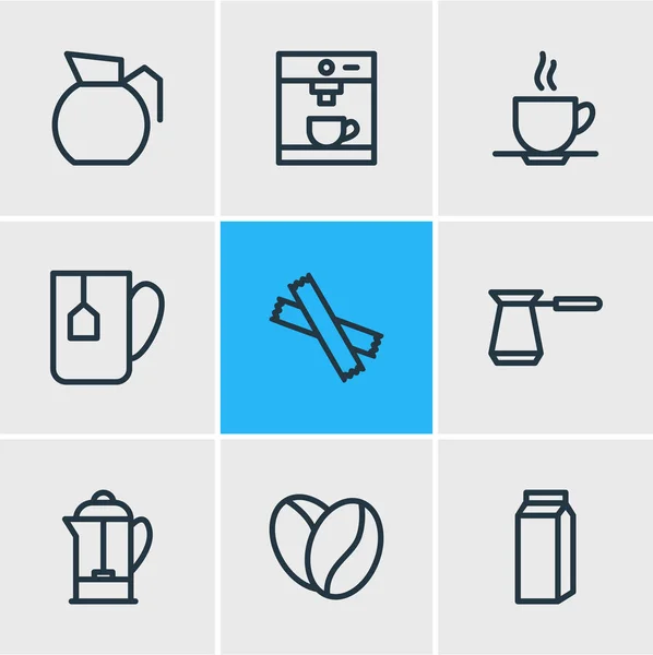 Ilustração vetorial de 9 ícones de bebida estilo linha. Conjunto editável de açúcar, leite de bolso, pires e outros elementos de ícone . —  Vetores de Stock