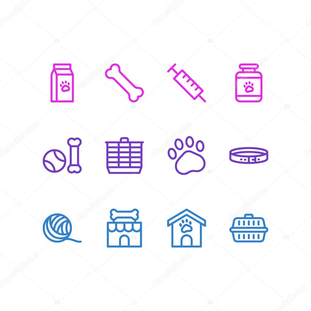 Vector illustration of 12 animal icons line style. Editable set of transport box, pet medicine, pet toys and other icon elements.