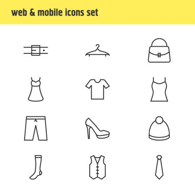 12 Giysi simgeler çizgi stili vektör Illustration. Çorap, yelek, topuklu ayakkabı ve diğer simge öğeleri düzenlenebilir kümesi.