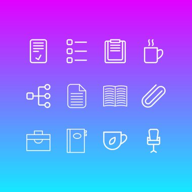 12 büro simgeler çizgi stili vektör Illustration. Onayla, evrak çantası, kitap ve diğer simge öğeleri düzenlenebilir kümesi.