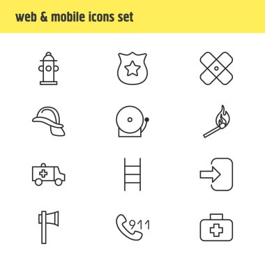 12 zorunluluk simgeler çizgi stili vektör Illustration. İlk yardım kutusu, ambulans, merdiven ve diğer simge öğeleri düzenlenebilir kümesi.