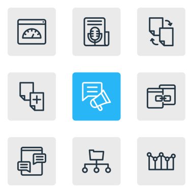 9 reklam simgeler çizgi stili vektör Illustration. Düzenlenebilir dosya paylaşımı, Dizin gönderme, adwords kampanya ve diğer simge öğeleri kümesi.