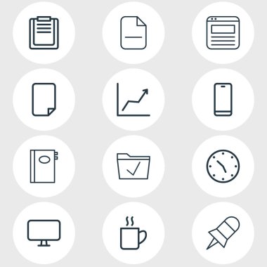 12 çalışma alanı simgeleri çizgi stili vektör Illustration. Tarayıcı sekmesi, boş dosya, kaldır ve diğer simge öğeleri düzenlenebilir kümesi.