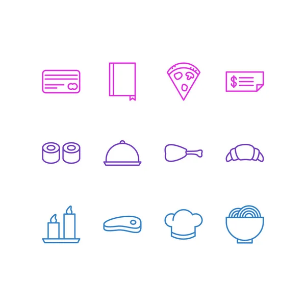 Ilustración vectorial de 12 iconos de restaurante estilo línea. Conjunto editable de sushi, pico, croissant y otros elementos del icono . — Archivo Imágenes Vectoriales