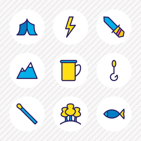 Illustration vectorielle de 9 icônes touristiques ligne colorée. Ensemble modifiable de montagne, tente, éclair et autres éléments d'icône . — Image vectorielle