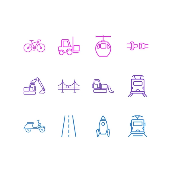 Illustration vectorielle de 12 icônes de transport style ligne. Ensemble modifiable de routes, tramways, ponts et autres éléments emblématiques . — Image vectorielle