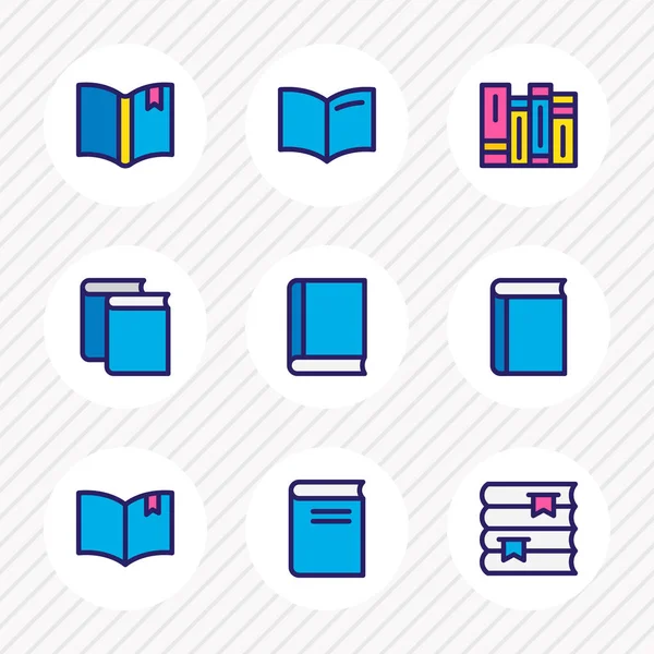 Ilustración vectorial de 9 iconos de libro de línea de color. Conjunto editable de educación, libro de texto, estantería y otros elementos del icono . — Vector de stock