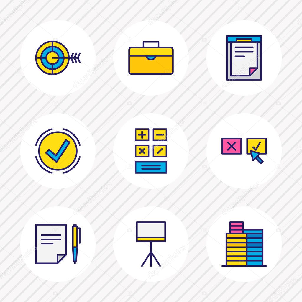Vector illustration of 9 management icons colored line. Editable set of decision making, document, buildings and other icon elements.