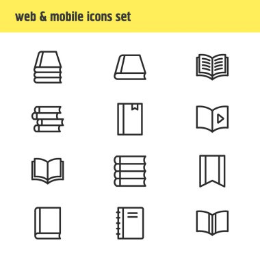 Vektör çizim 12 kitap okuma simgeler çizgi stili. Çalışma, öğretici, sesli kitap ve diğer simge öğeleri düzenlenebilir kümesi.