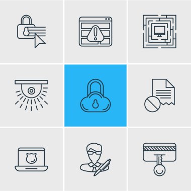 9 koruma simgeler çizgi stili vektör Illustration. Düzenlenebilir set erişim engellendi, cloud veri koruma, bilgisayar ve diğer simge öğelerin korumalı.